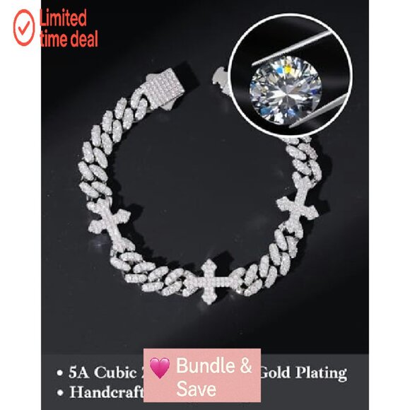 9mm Cross Cuban Link Bracelet White Gold Plated Cubic Zirconia Unisex - Picture 3 of 7